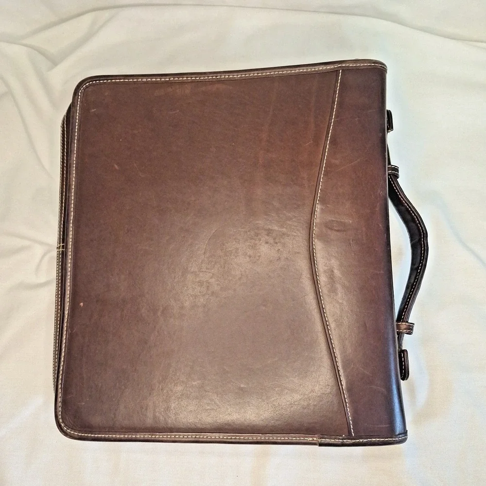 Franklin Covey 7 Ring Brown‎ Leather Carry Handle Full Zip Briefcase Binder 3744